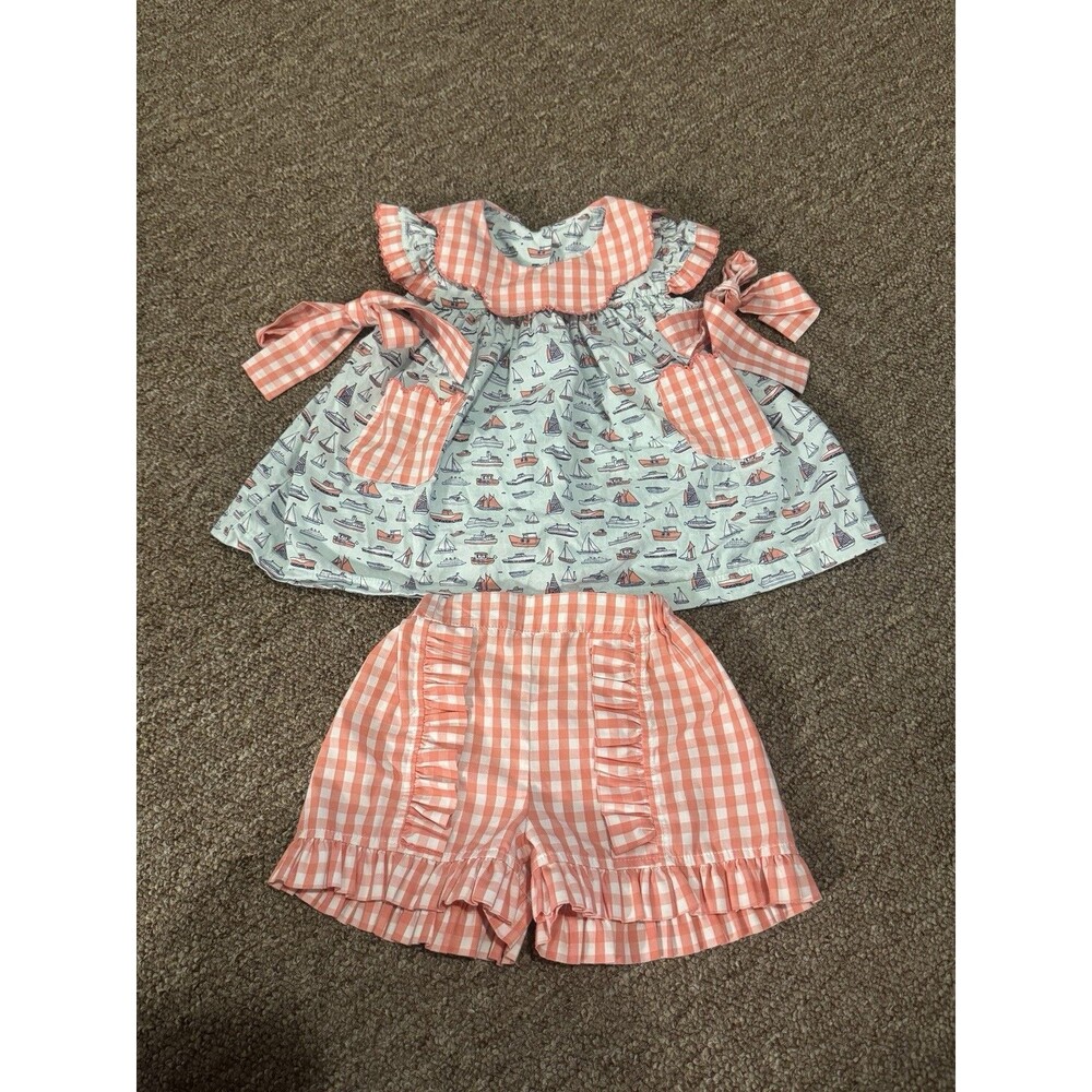 Boat Vessel Two Piece Baby Girl Gingham Outfit Set 12 Months Nautical Summer EUC